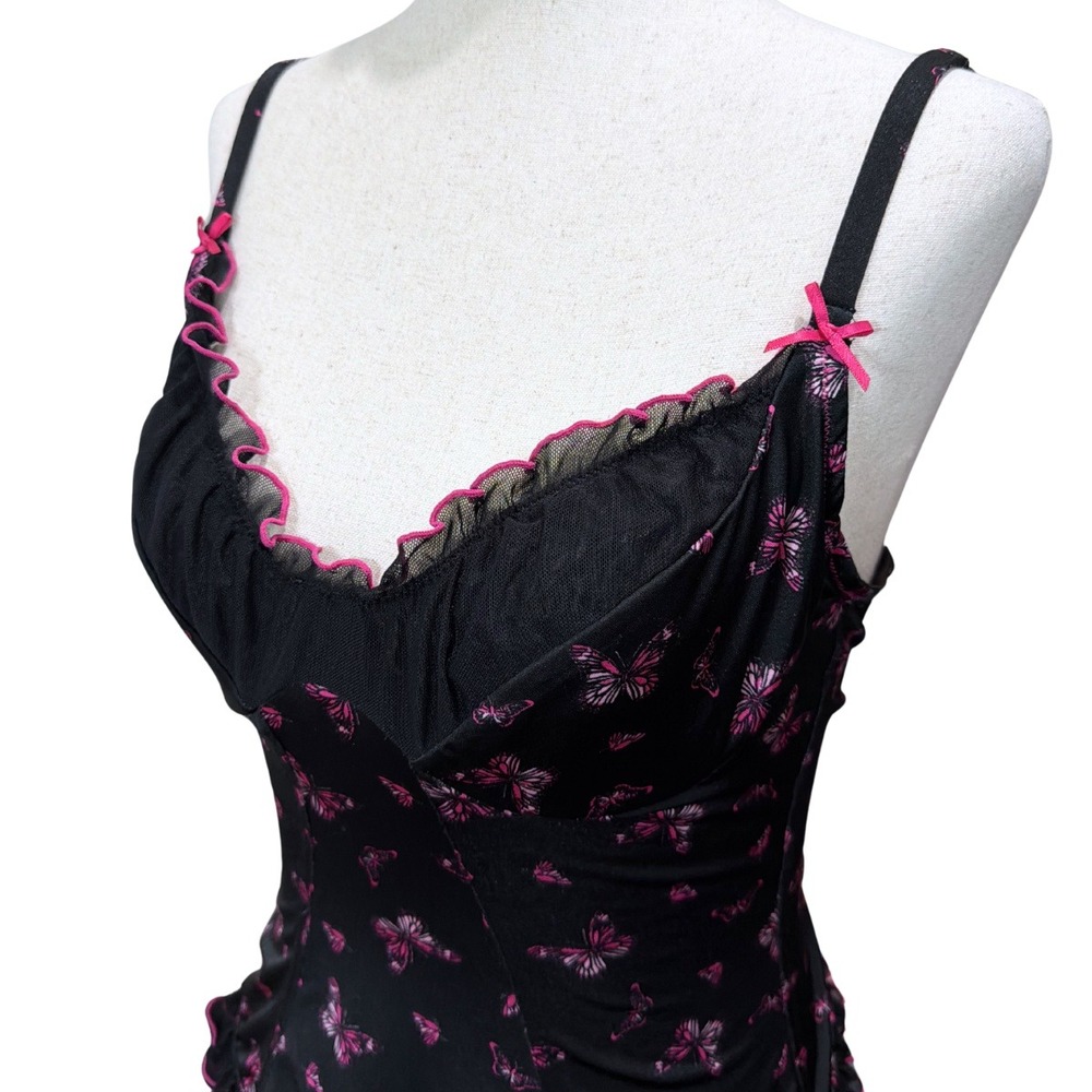 VTG Y2K 2005 Victoria's Secret Butterfly Corset Top Black Pink Mesh Trim Cami - Picture 2 of 3